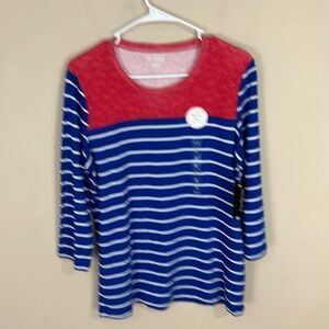 Kim Rogers Red White and Blue Striped Classic Fit 3/4 Sleeve Top Large NWT